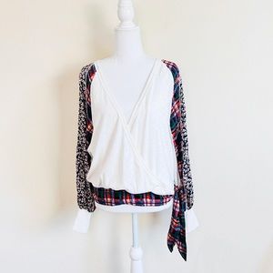 White & Floral Mixed Media Surplice Drape Long Sleeve Boho Side Tie Blouse